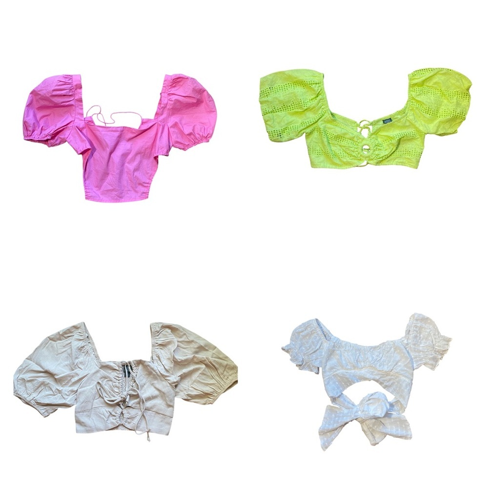 Pink, Tan, White and Neon green/yellow crop tops